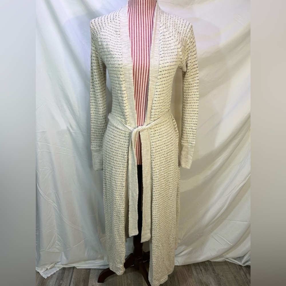 NWT BCBG Generation $118 Cream Beige Striped Duster Knit Belted Cardigan Size XS